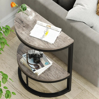 2-Tier Wood Accent Table with Open Shelving, Semi Circle Design