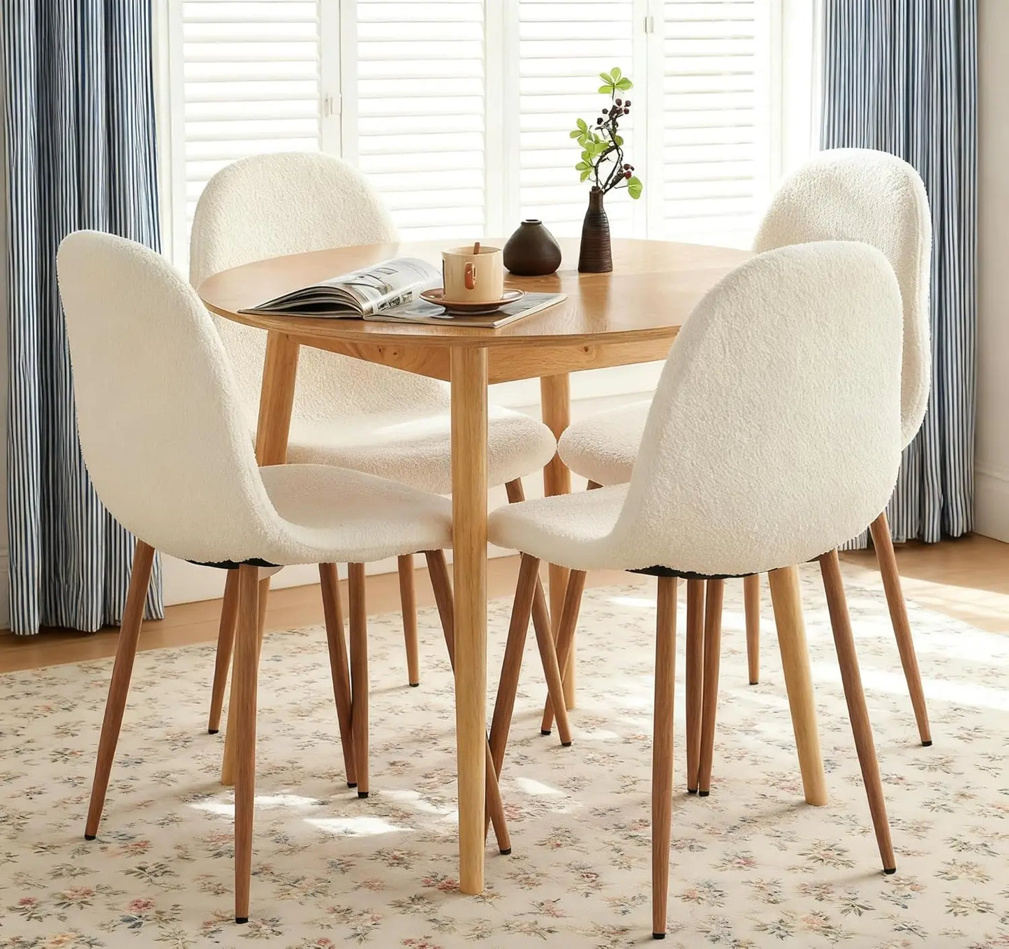 Small Round Oak Dining Table with 4 Velvet Chairs