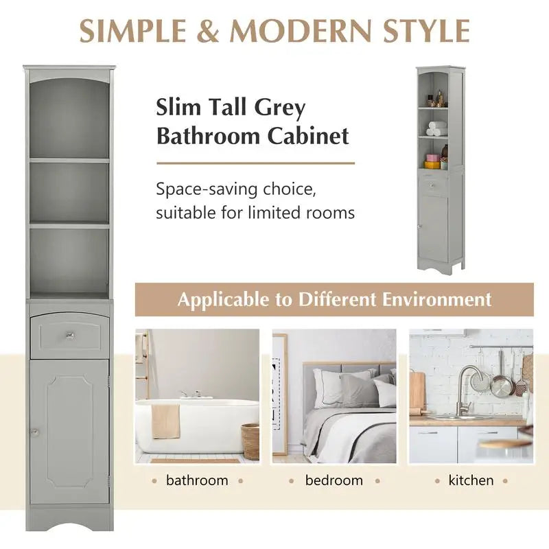 Tall Freestanding Bathroom Storage Cabinet with Drawer & Adjustable Shelf – Grey