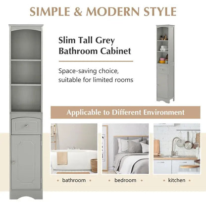 Tall Freestanding Bathroom Storage Cabinet with Drawer & Adjustable Shelf – Grey