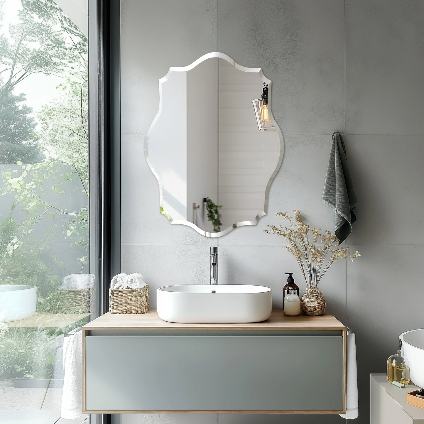 Scalloped Frameless Wall Mirror with Beveled Edge | Modern Irregular Vanity Mirror