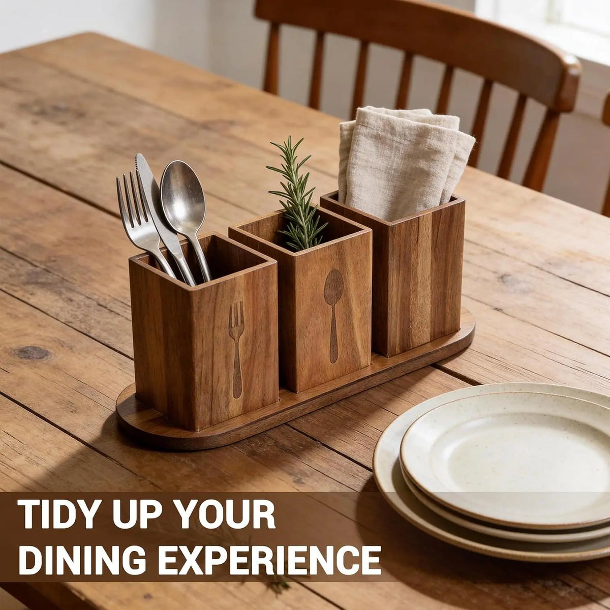Acacia Wood Utensil Holder | 4-Compartment Silverware Caddy