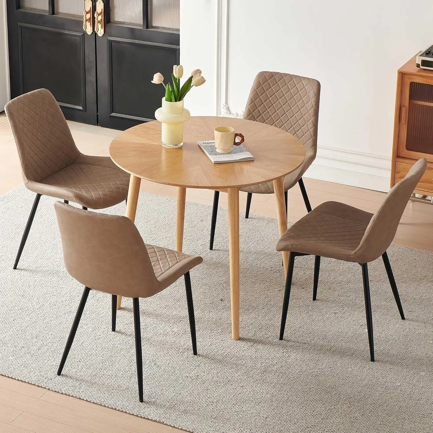 Small Round Oak Dining Table with 4 Velvet Chairs