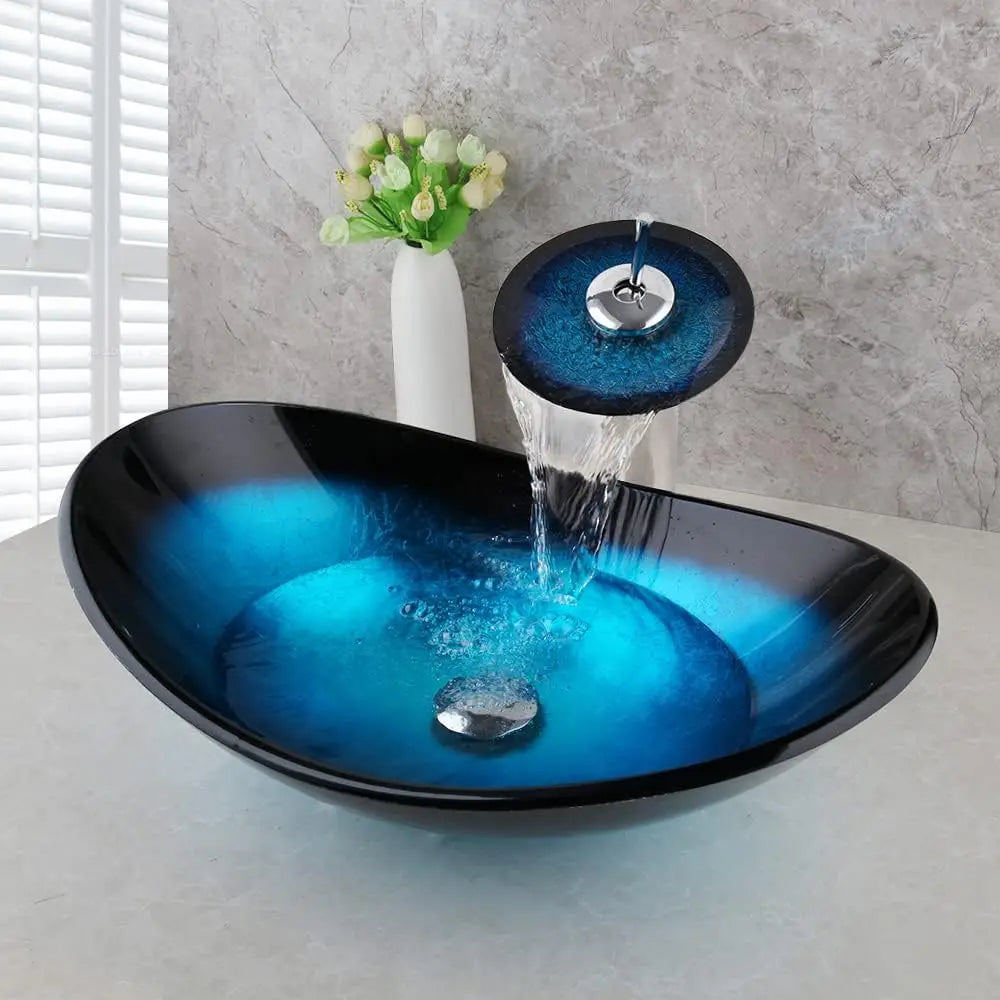 Tempered Glass Vessel Sink with Waterfall Black Faucet