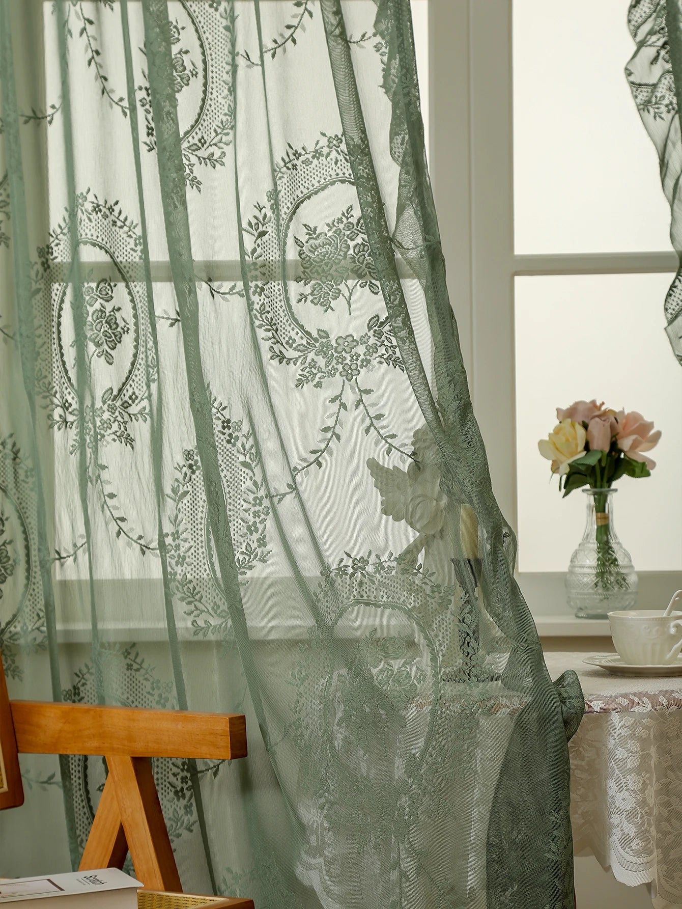 Green Boho Lace Sheer Curtain 84 Inch | Vintage Floral Scalloped Window Panel