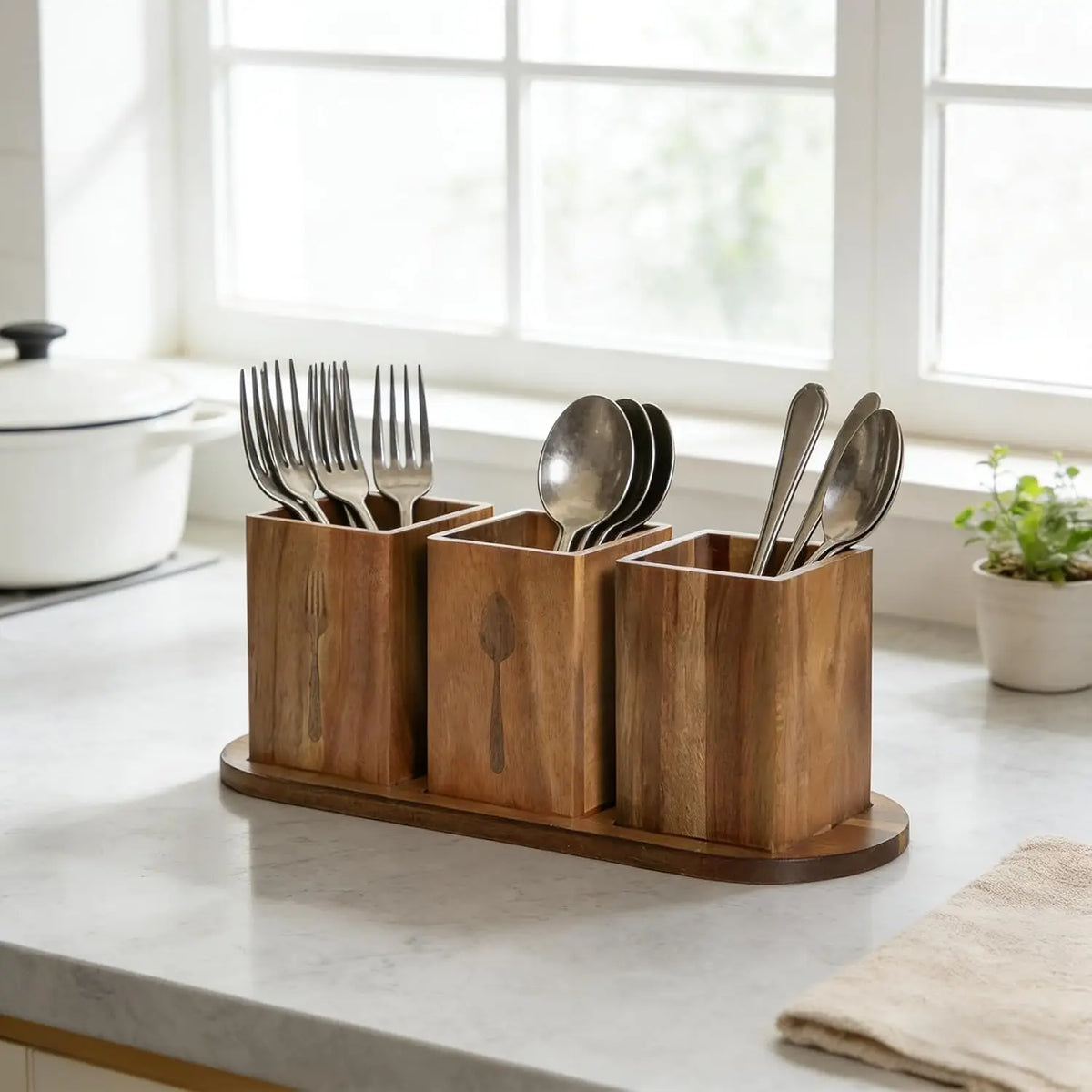 Acacia Wood Utensil Holder | 4-Compartment Silverware Caddy