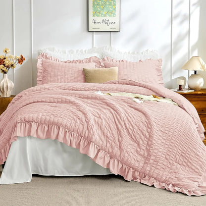 Rose Gold Seersucker Comforter Set | 3-Piece Ruffle Bedding Set Full Size