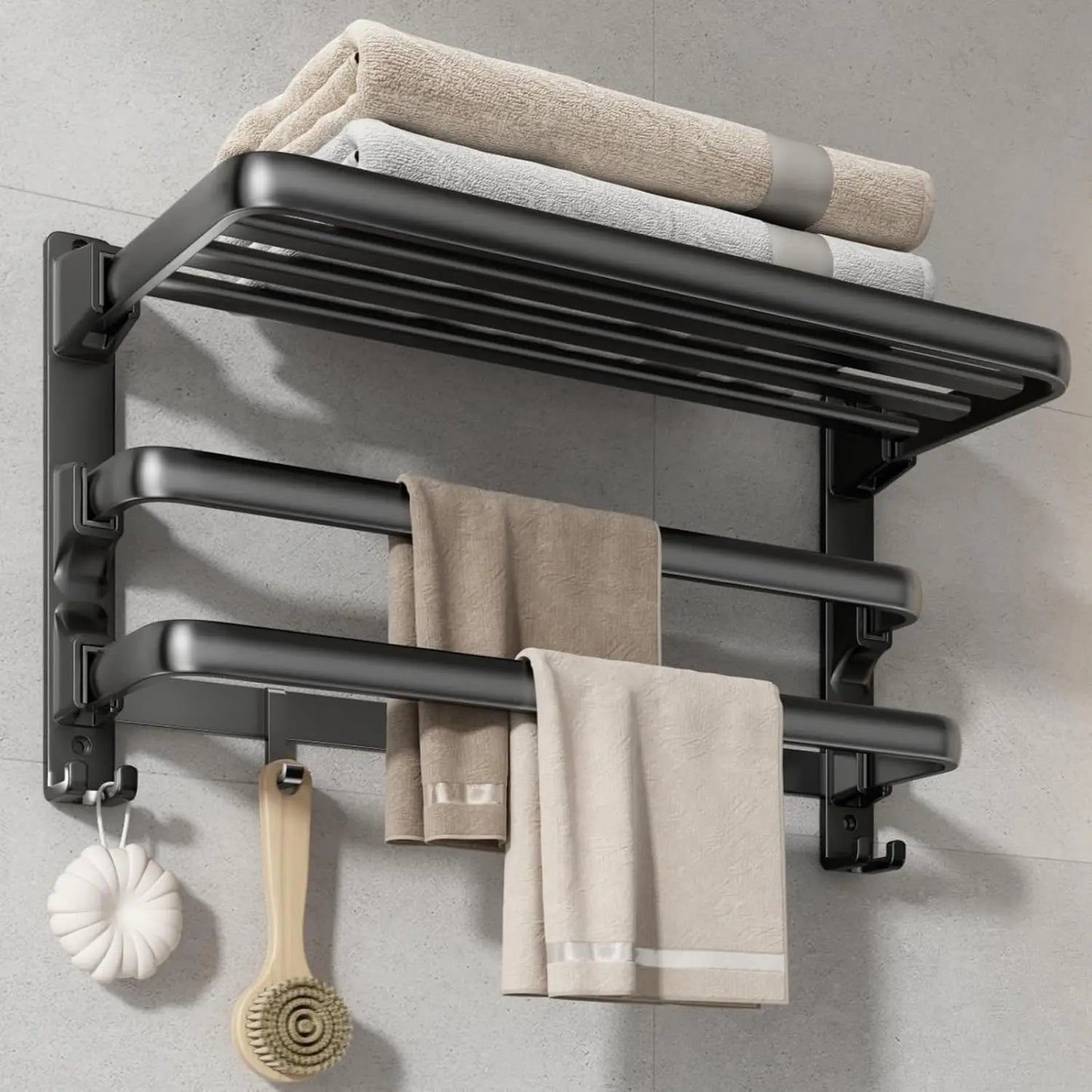 24-Inch Foldable Bathroom Towel Rack with Shelf, Dual Bars & 7 Hooks