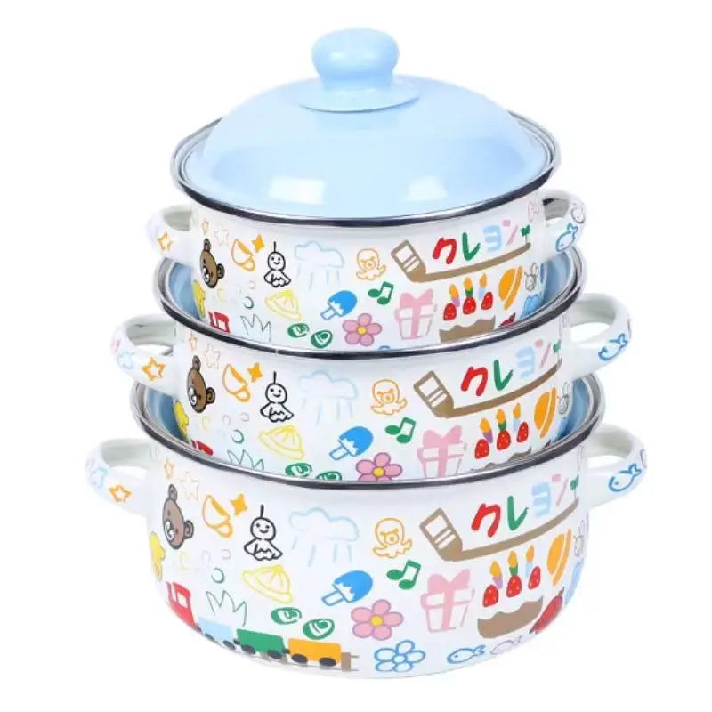 3-Piece Vintage Enamel Cooking Pot Set with Lids | Retro Floral Stock Pots