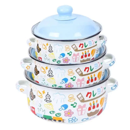 3-Piece Vintage Enamel Cooking Pot Set with Lids | Retro Floral Stock Pots