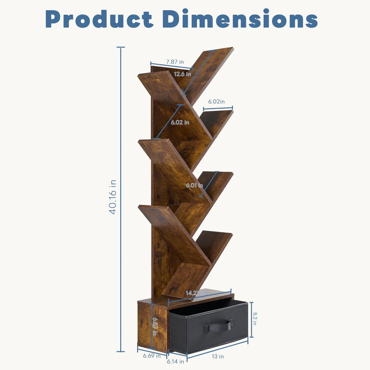 Creative 7-Tier Tree Bookshelf with Drawer | Narrow Geometric Bookcase