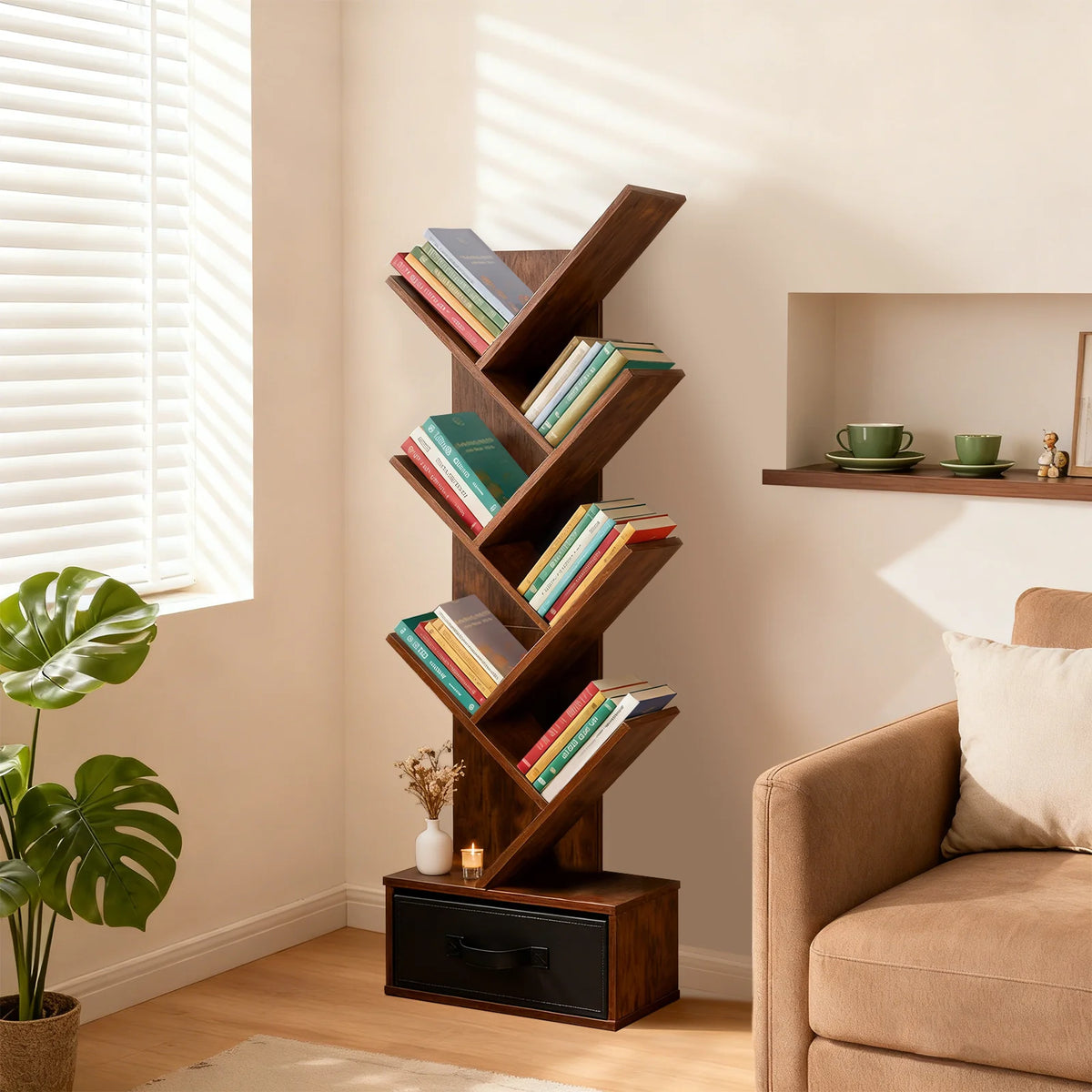 Creative 7-Tier Tree Bookshelf with Drawer | Narrow Geometric Bookcase