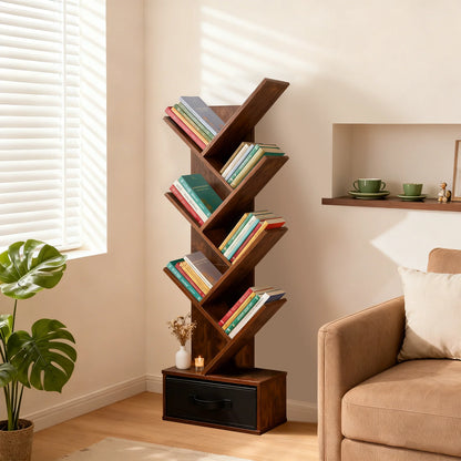 Creative 7-Tier Tree Bookshelf with Drawer | Narrow Geometric Bookcase