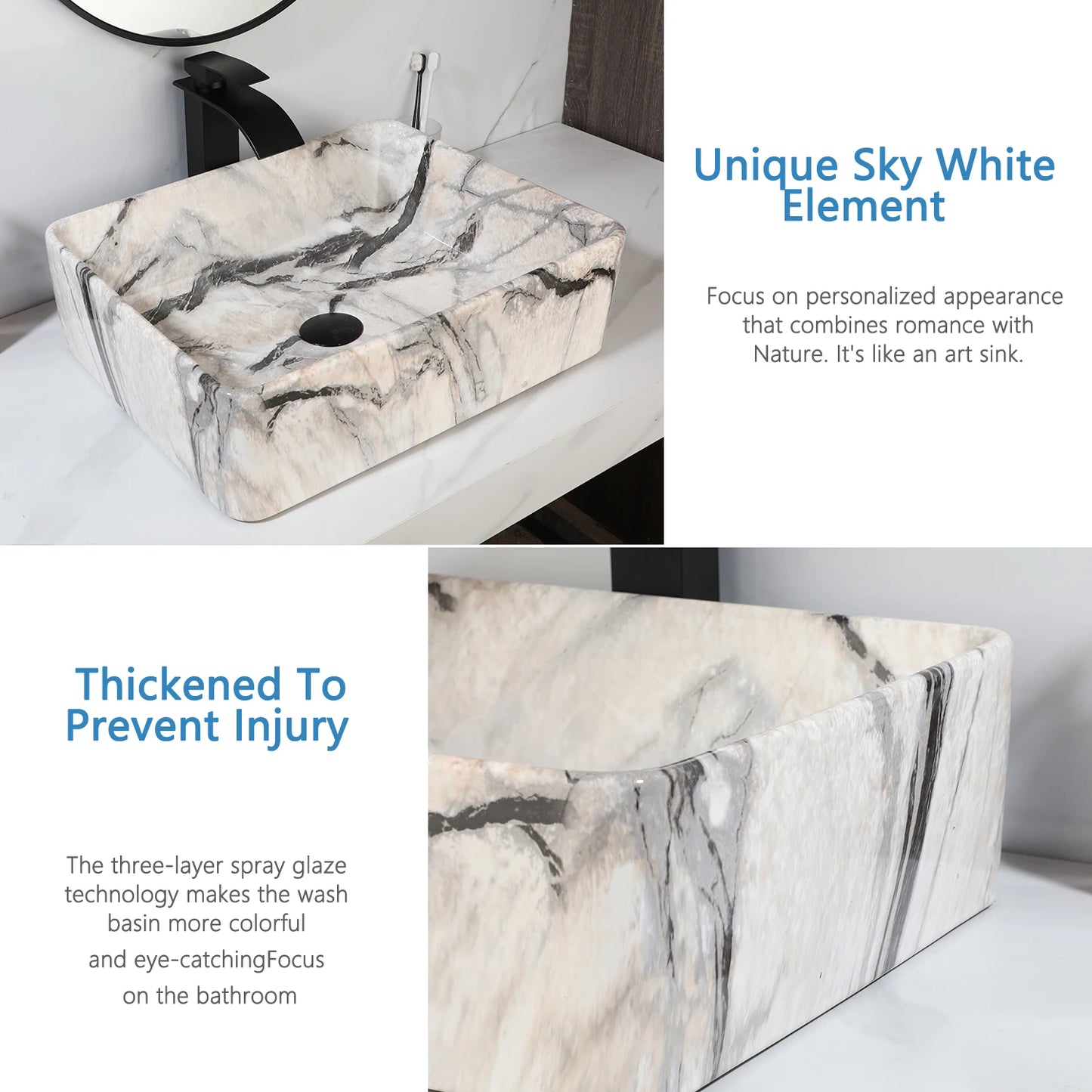 Marble Pattern Ceramic Bathroom Vessel Sink with Faucet