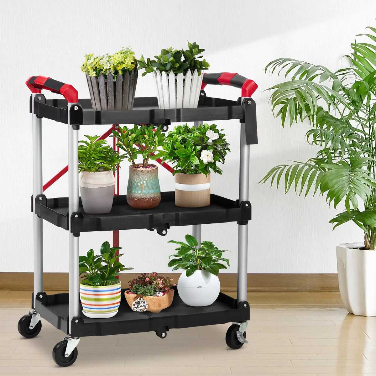 3-Tier Foldable Utility Cart | 167 lb Capacity Rolling Storage