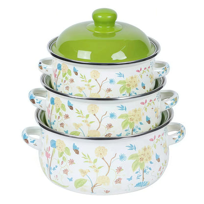 3-Piece Vintage Enamel Cooking Pot Set with Lids | Retro Floral Stock Pots