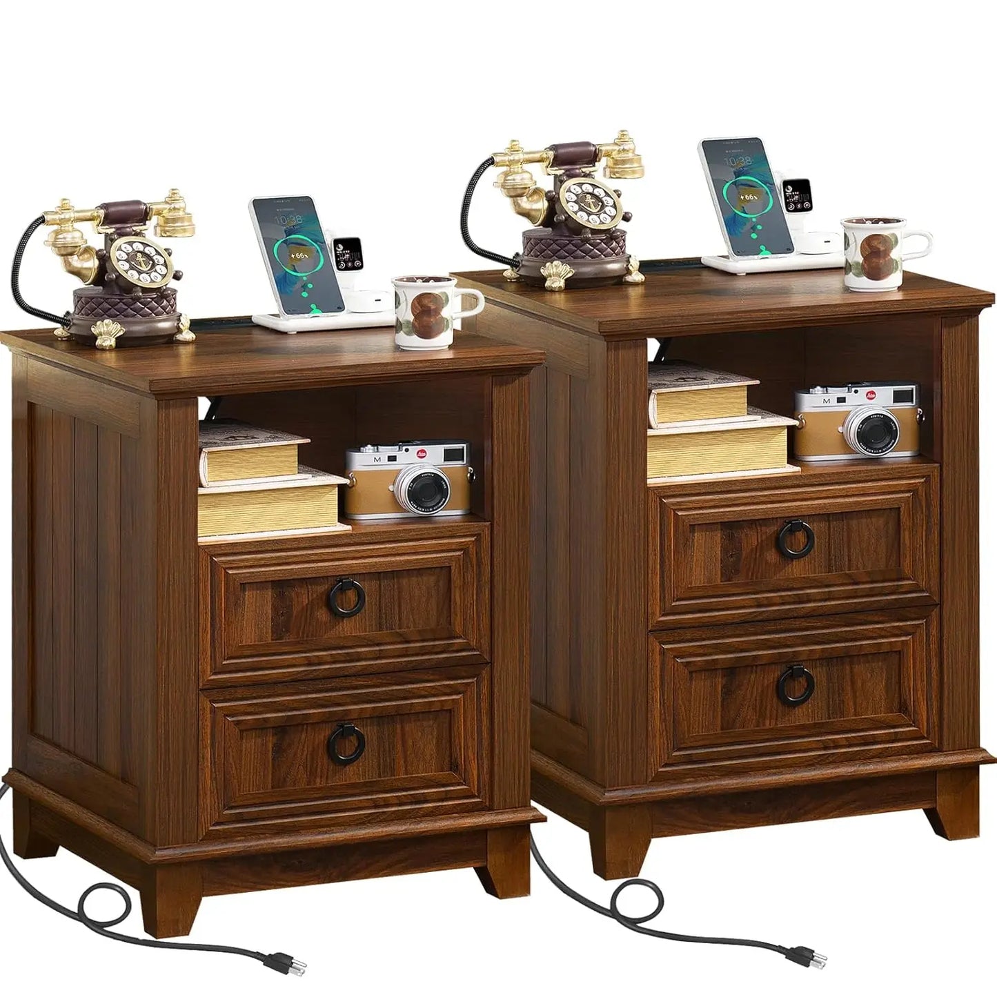 Farmhouse Style Night Stands, Set of 2, with Charging Stations