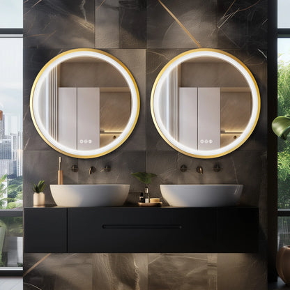 Gold-Framed Round Lighted Bathroom Mirror