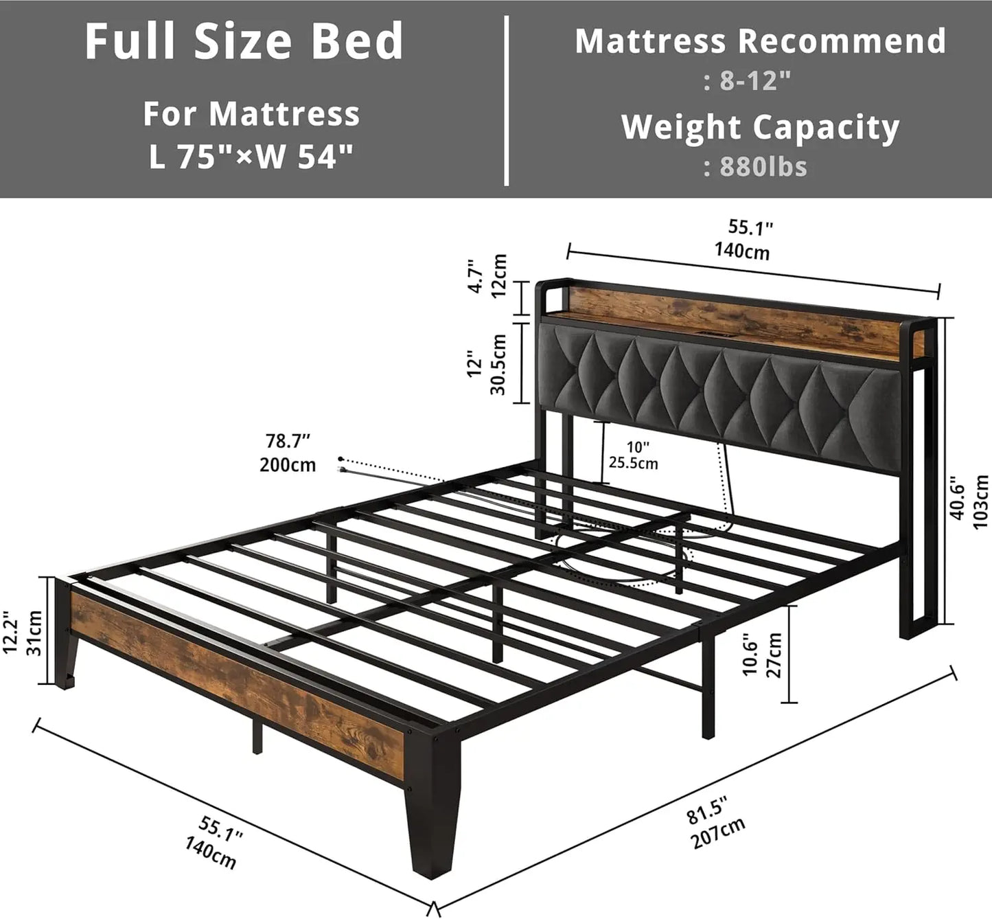 Sturdy & Stylish Bed Frame & Headboard with Power Strip
