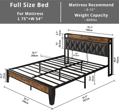 Sturdy & Stylish Bed Frame & Headboard with Power Strip