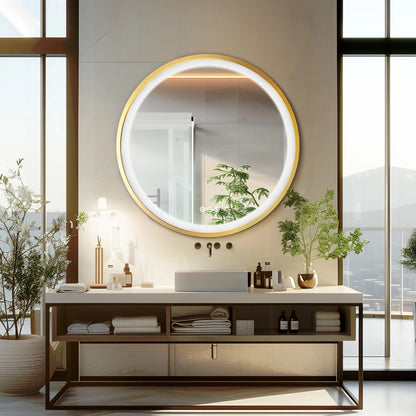 Gold-Framed Round Lighted Bathroom Mirror