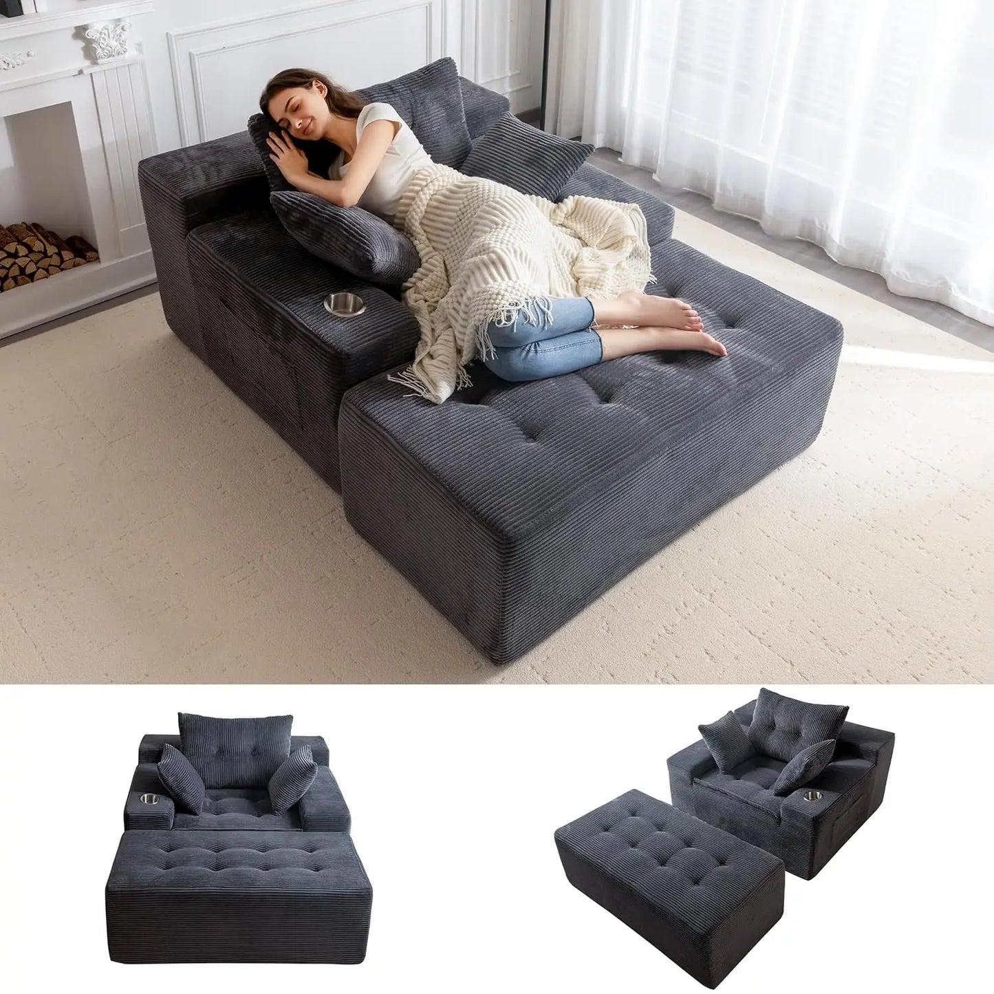 Oversized Boneless Chaise Lounge with 3 Pillows and Ottoman