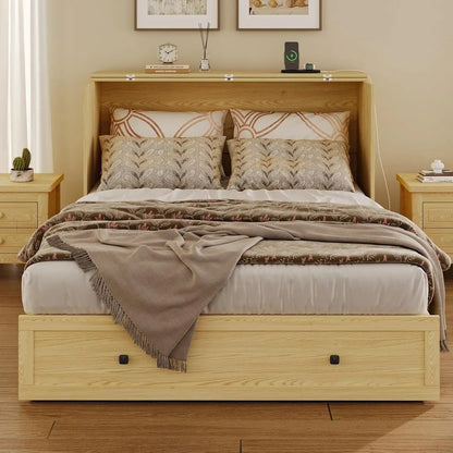 Wall Mounted Full-Size Murphy Bed with Foldable Panel and Charging Station