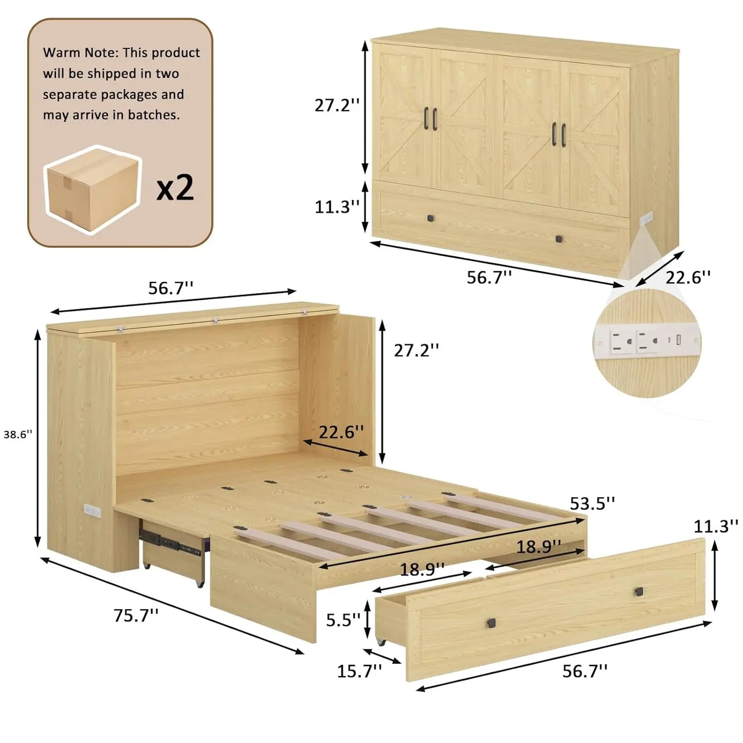 Wall Mounted Full-Size Murphy Bed with Foldable Panel and Charging Station
