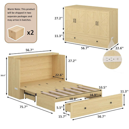 Wall Mounted Full-Size Murphy Bed with Foldable Panel and Charging Station
