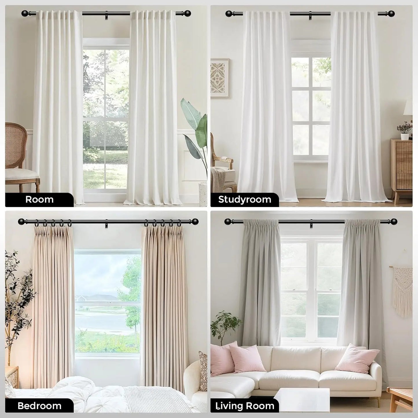 2-Pack Heavy-Duty Black Curtain Rods 36–91 Inch | Adjustable 1-Inch Window Rod Set