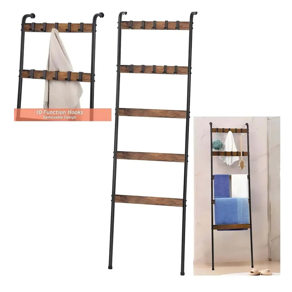 5-Tier Farmhouse Blanket Ladder with 10 Hooks | Leaning Towel & Blanket Rack