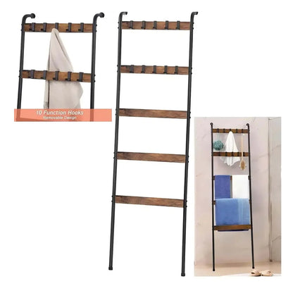 5-Tier Farmhouse Blanket Ladder with 10 Hooks | Leaning Towel & Blanket Rack