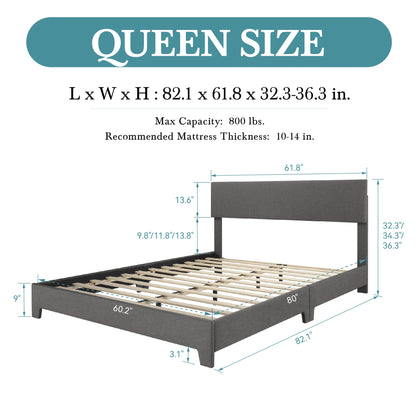 Upholstered Bed Frame with Adjustable Linen Headboard