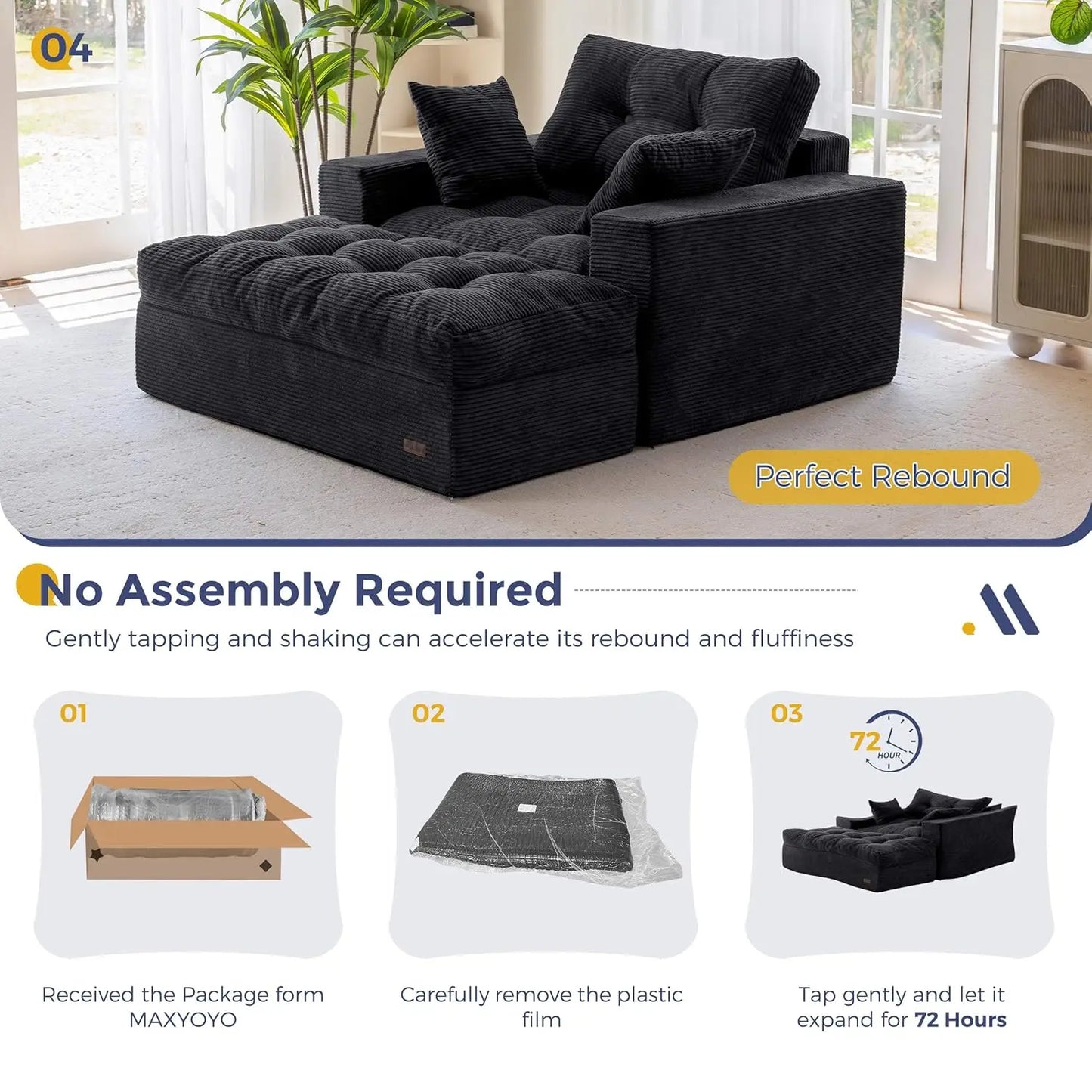 Oversized Boneless Chaise Lounge with 3 Pillows and Ottoman
