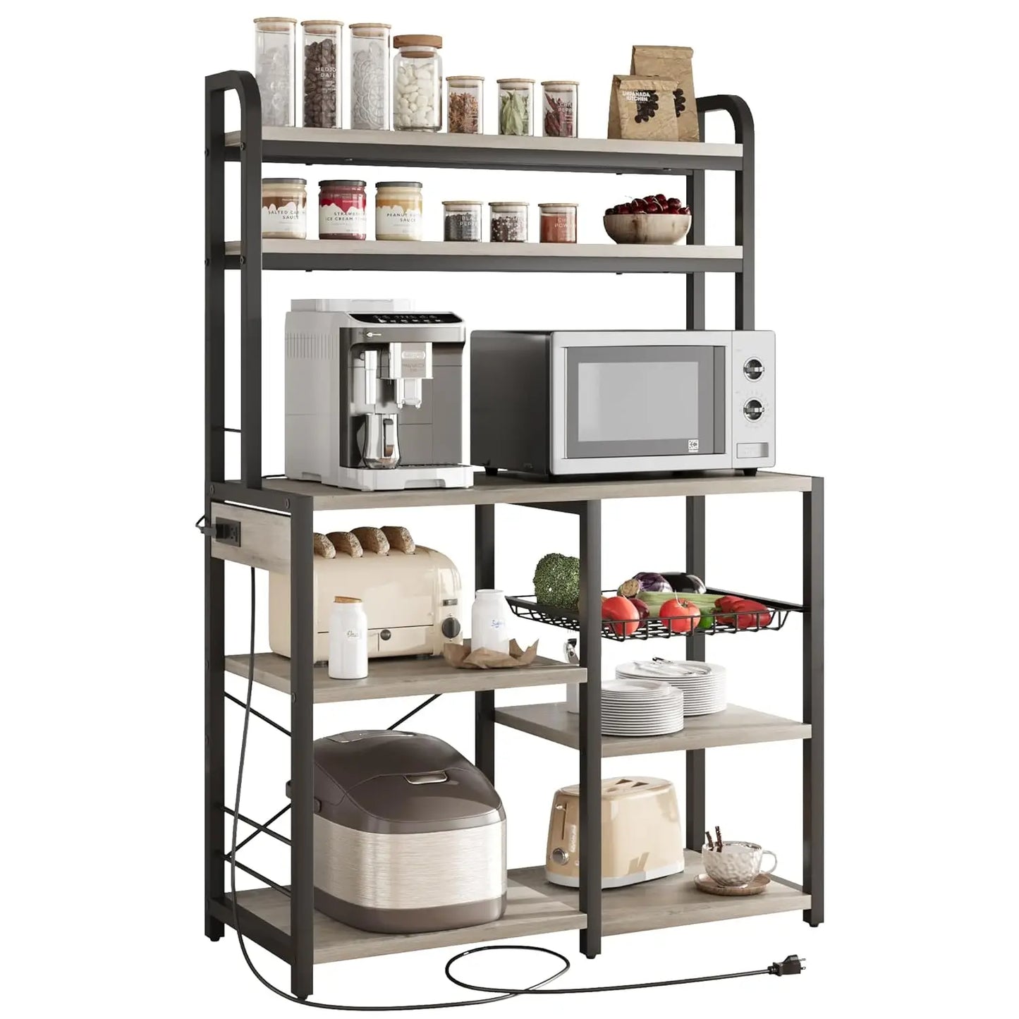 Spacious Steel Framed Bakers Rack with Power Strip
