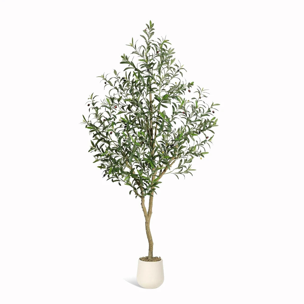 7-Foot Artificial Olive Tree with White Planter | Realistic Faux Silk Indoor Tree