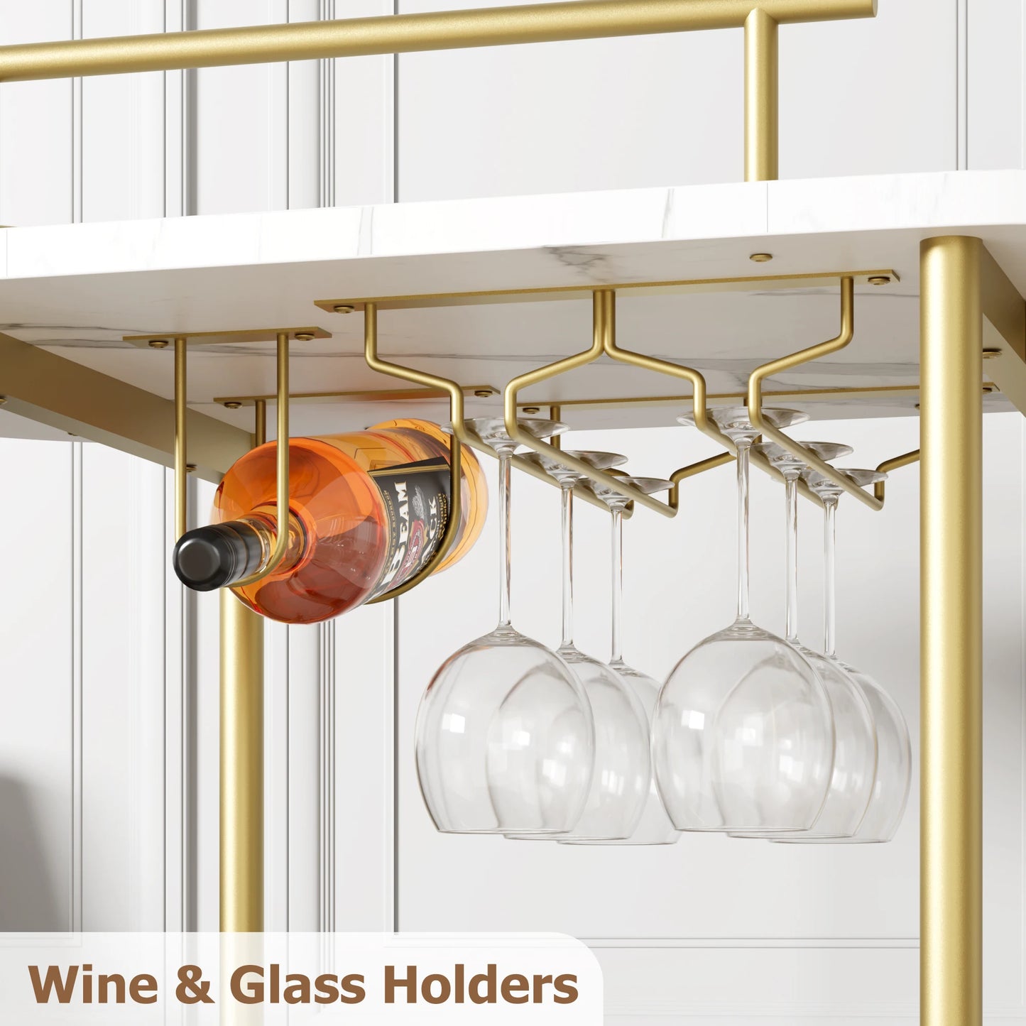 Luxury Bar Cart with Marble Shelves, Wine Rack & Glass Holder