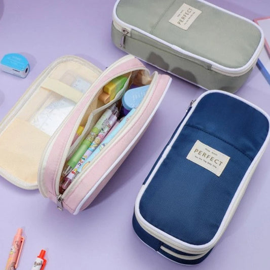 Large Canvas Pencil Case with Zipper – Multi-Layer Pen Pouch for School & Office
