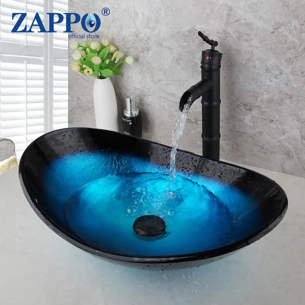 Tempered Glass Vessel Sink with Waterfall Black Faucet