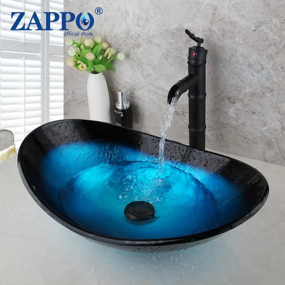 Tempered Glass Vessel Sink with Waterfall Black Faucet