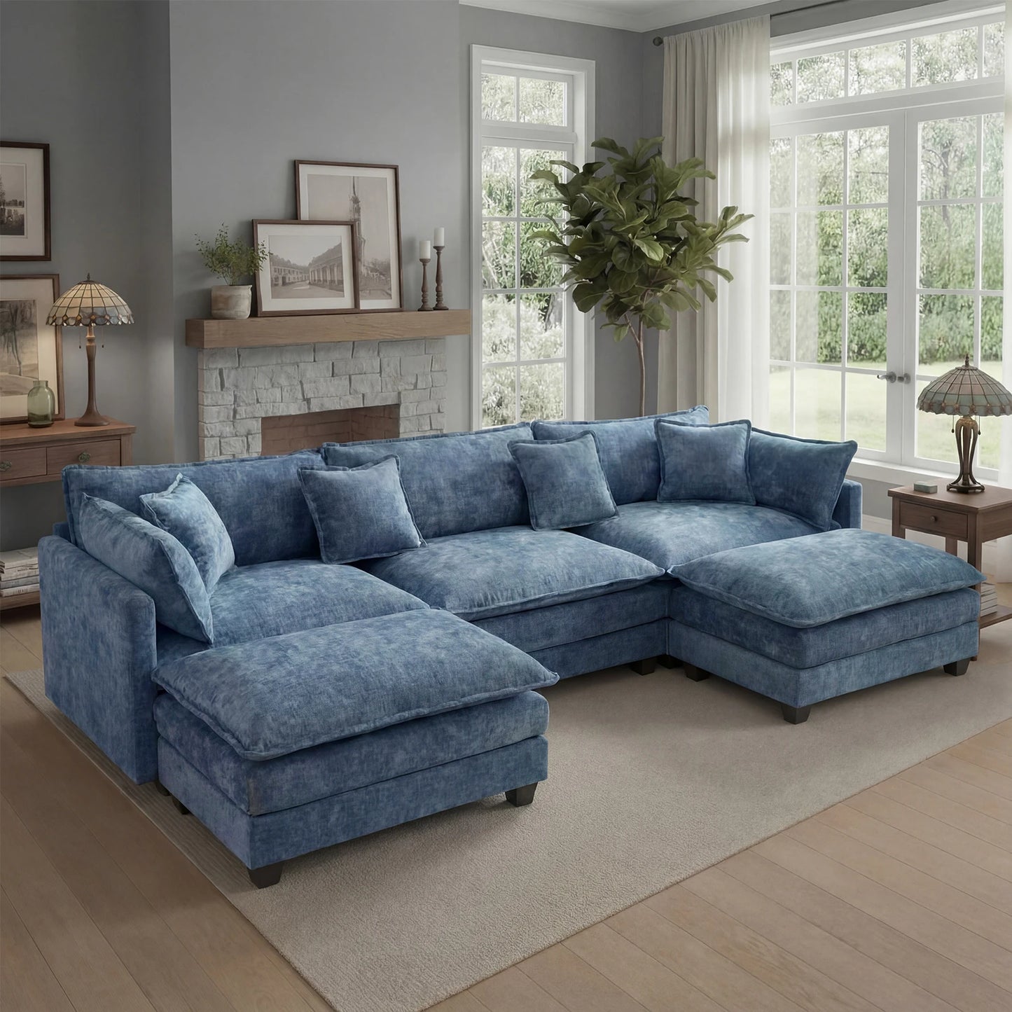 Modular Sectional Sofa with Ottoman Solid Wood Frame and Deep Seating