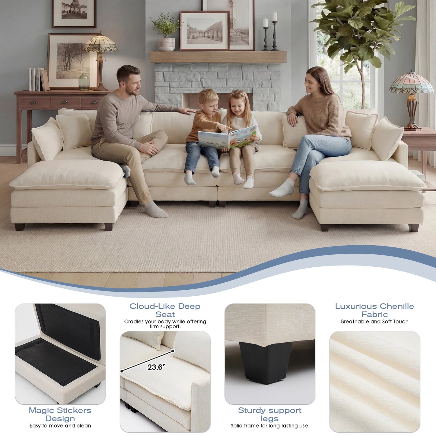 Modular Sectional Sofa with Ottoman Solid Wood Frame and Deep Seating