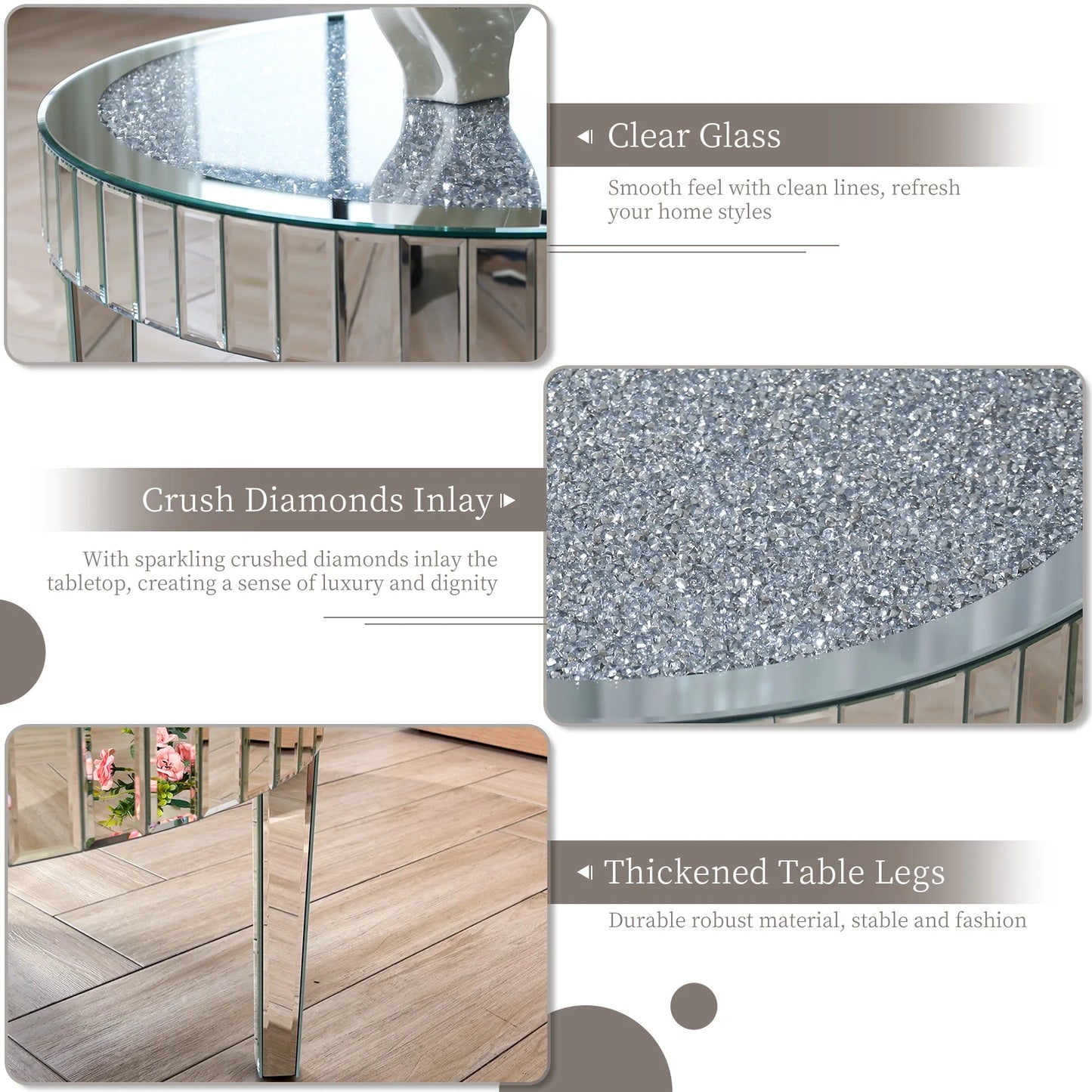 Silver Accent Table with Mirror Surface & Crystal Inlay