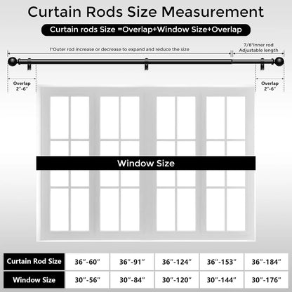 2-Pack Heavy-Duty Black Curtain Rods 36–91 Inch | Adjustable 1-Inch Window Rod Set