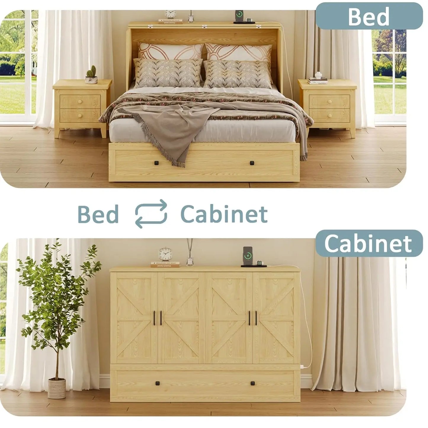 Wall Mounted Full-Size Murphy Bed with Foldable Panel and Charging Station