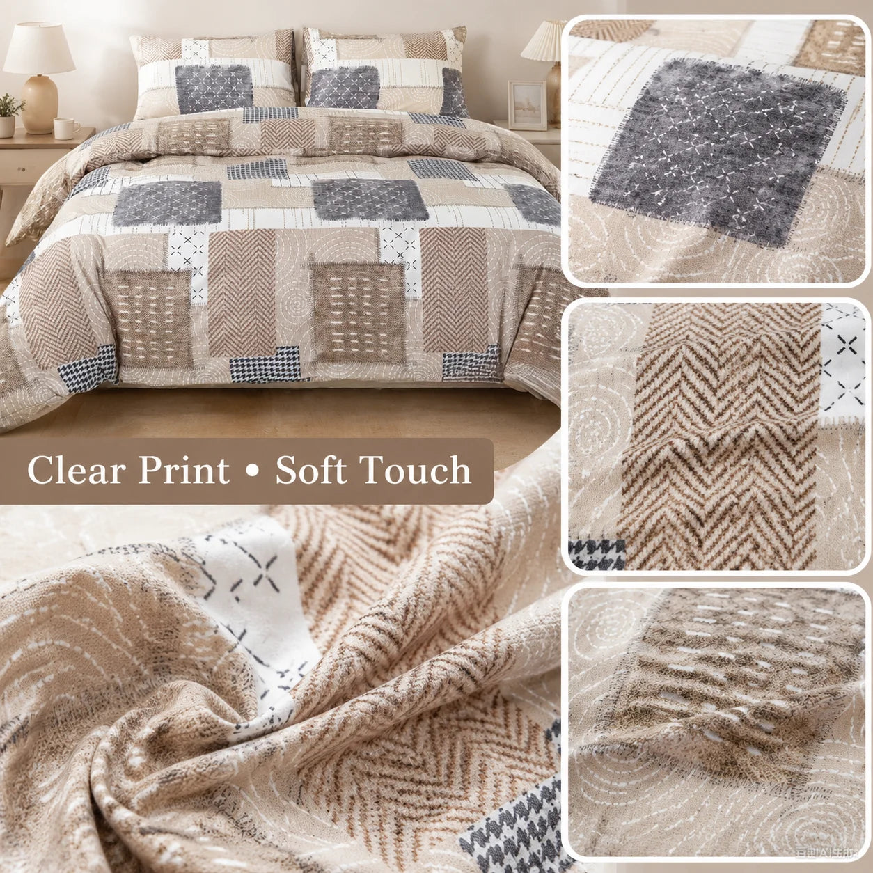 Boho Patchwork Duvet Cover Set | Soft Farmhouse Geometric Bedding