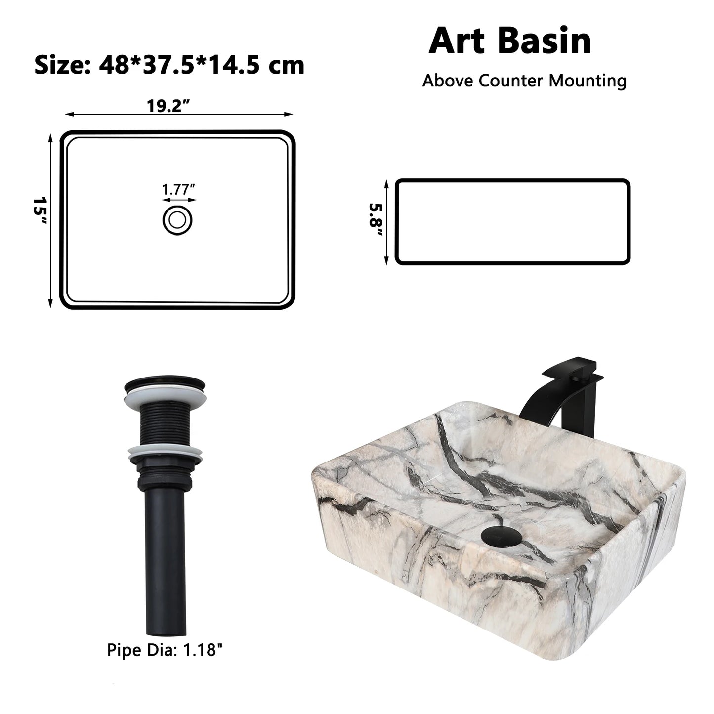 Marble Pattern Ceramic Bathroom Vessel Sink with Faucet
