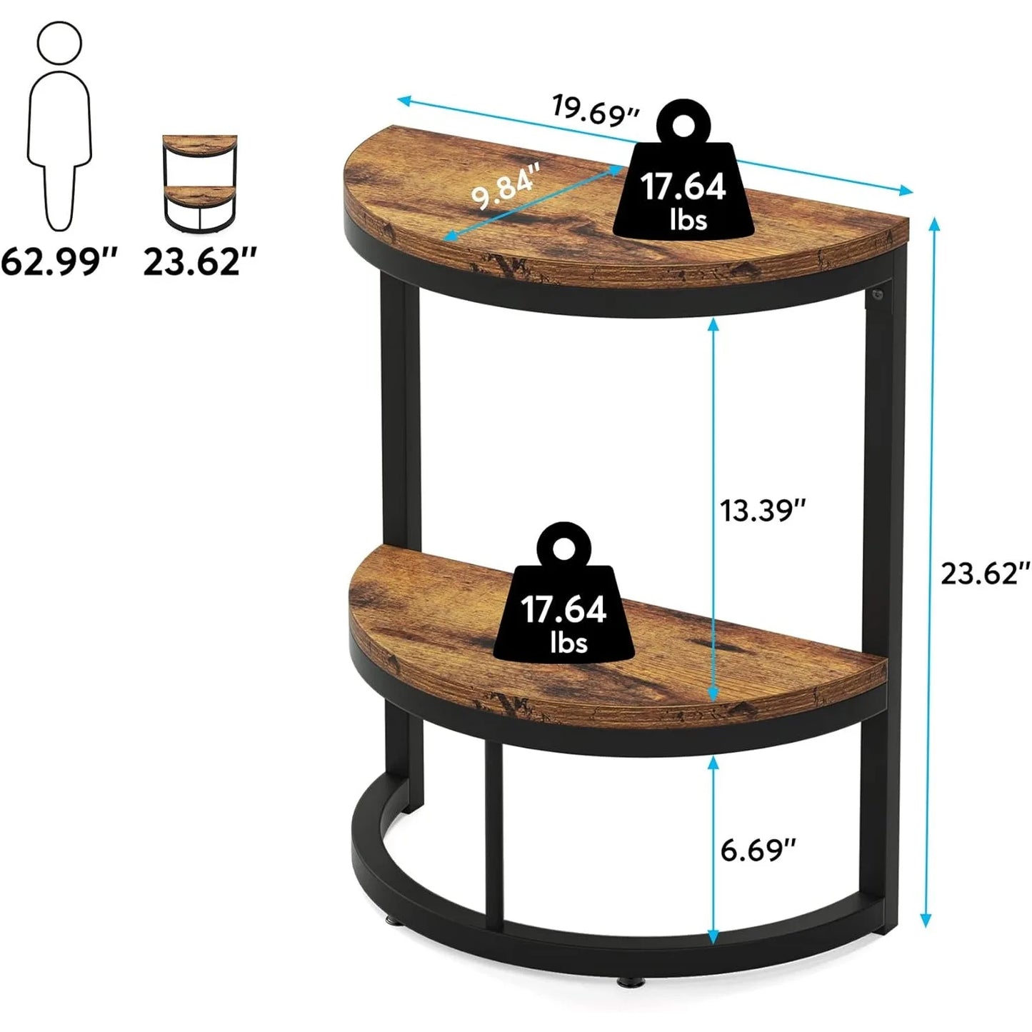 2-Tier Wood Accent Table with Open Shelving, Semi Circle Design