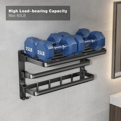 24-Inch Foldable Bathroom Towel Rack with Shelf, Dual Bars & 7 Hooks