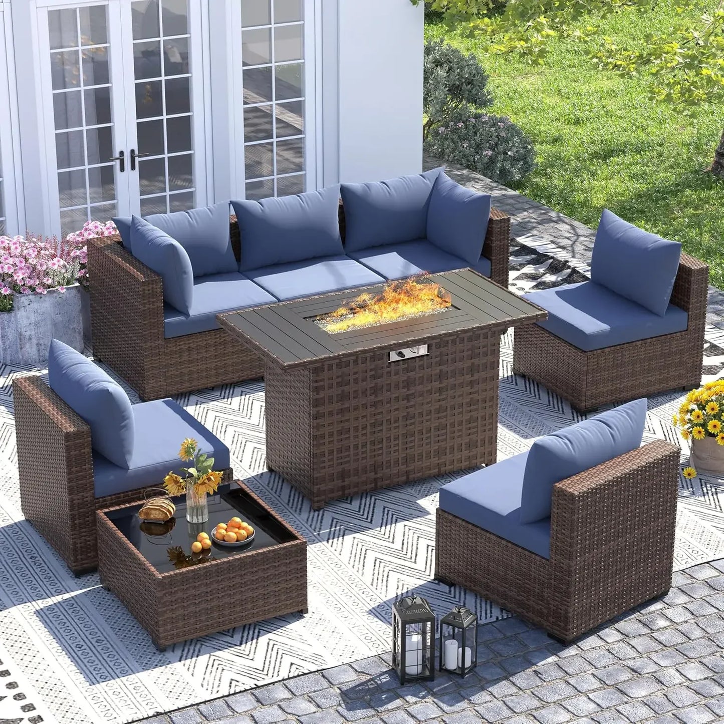 8-Piece Patio Furniture Set with Fire Pit Table | Outdoor Wicker Sectional Sofa